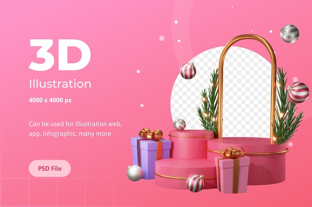 Illustration 3d Joyeux Noël, Avec Podium, Lampe Et Boîte De Prix, Utilisée Pour Le Web, L'application, La Bannière, Etc.
