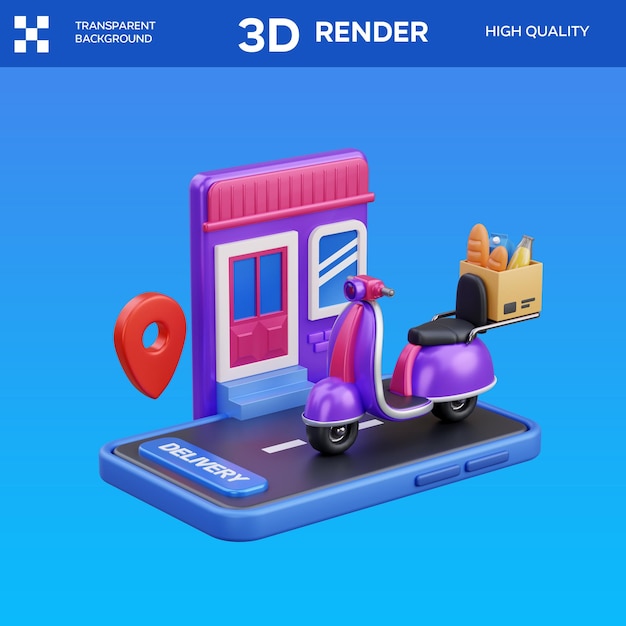 Illustration 3D de la livraison en ligne des achats PSD