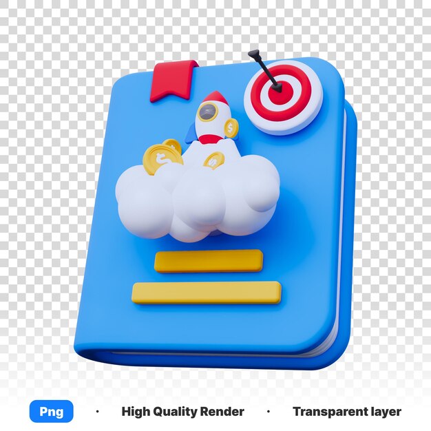 PSD illustration 3d d'un livre de physique avec des nuages et des jeux sur un fond transparent