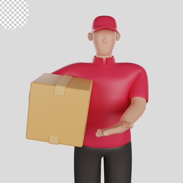 Illustration 3d D'un Livreur Portant Une Chemise Rouge Tenant Les Marchandises D'un Client. Psd Premium