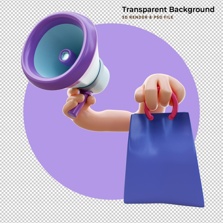 PSD illustration 3d. la main du personnage de dessin animé tient la promo shopping mégaphone