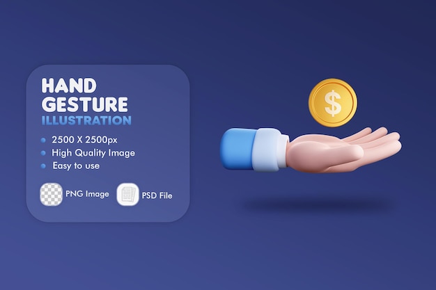 Illustration 3D de la main et de la pièce avec l'icône du dollar, concept de marketing, d'entreprise et d'interface utilisateur