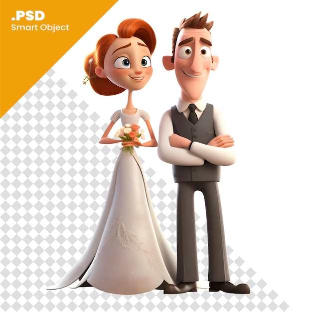 PSD illustration 3d d'une mariée et d'un marié debout avec les bras croisés modèle psd