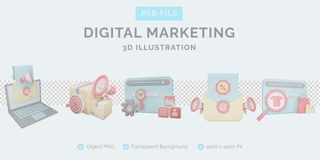 PSD illustration 3d de marketing numérique