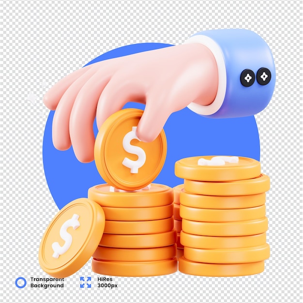 Illustration 3D de la mise à la main d'une pièce sur une pile d'argent en croissance