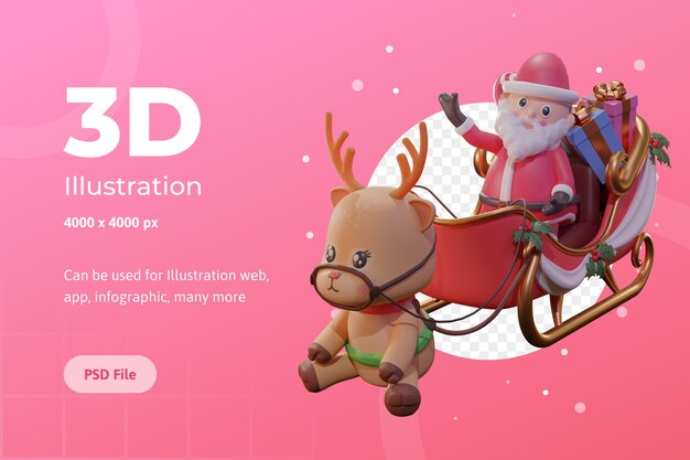 Illustration 3d De Noël Avec Le Père Noël, La Calèche Et Le Renne, Utilisée Pour Le Web, L'application, L'infographie, Etc.