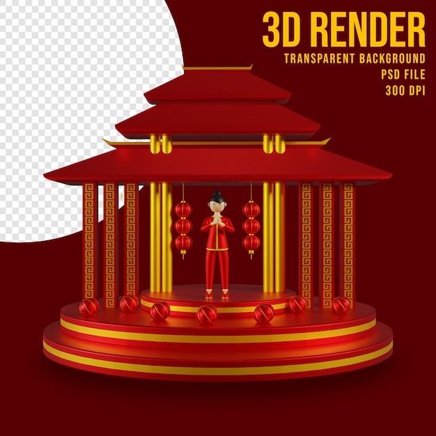 Illustration 3D Nouvel An chinois avec un personnage féminin portant des vêtements chinois