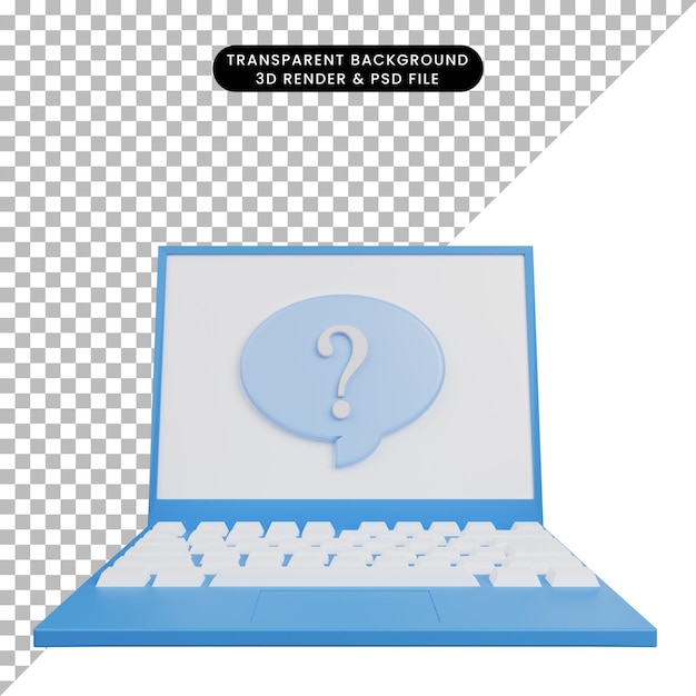 PSD illustration 3d d'un ordinateur portable à icône simple avec point d'interrogation sur la bulle de discussion