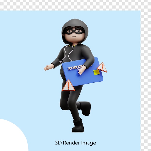 PSD illustration 3d personnage de la cybercriminalité volant de l'argent au guichet automatique