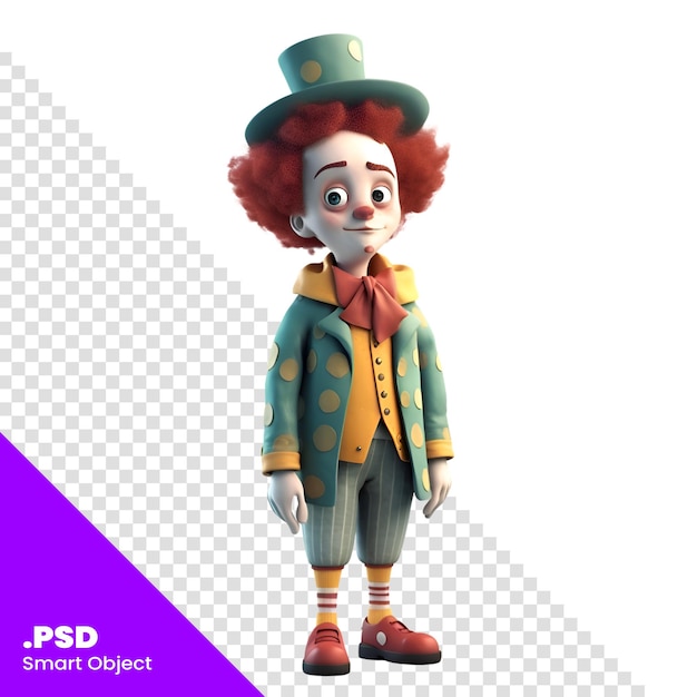 PSD illustration 3d d'un personnage de dessin animé avec un chapeau de clown et une perruque modèle psd