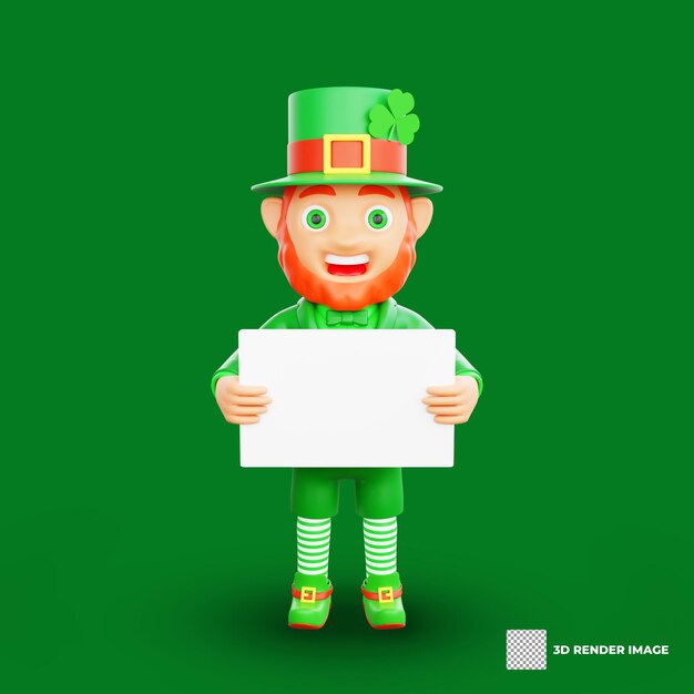 PSD illustration 3d d'un personnage du jour de saint patrick tenant un panneau blanc