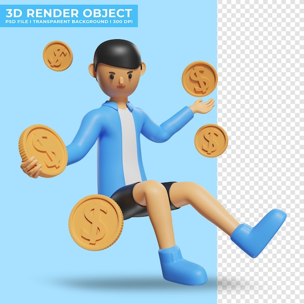 Illustration 3d d'un personnage mignon flottant avec une pièce d'un dollar