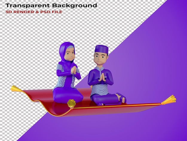 Illustration 3d De Personnages Eid Alfitr Frère Et Soeur Chevauchant Un Tapis Volant Premium Psd