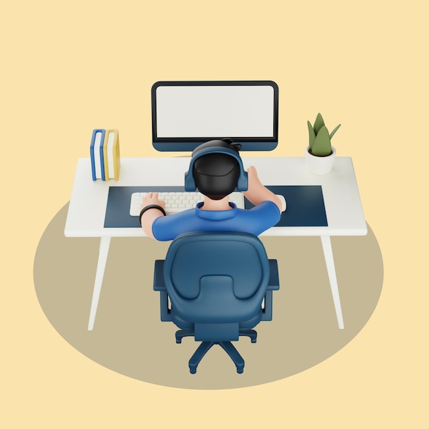 Illustration en 3D d'une personne travaillant sur un ordinateur à un bureau