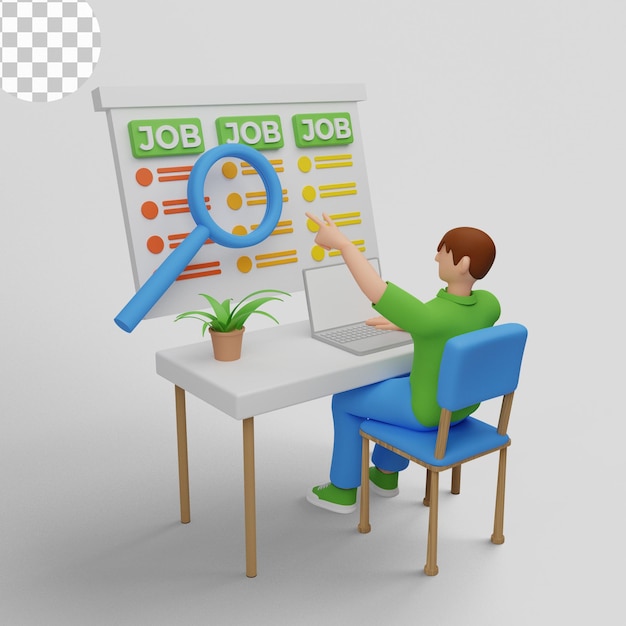 Illustration 3D Petit gestionnaire des ressources humaines à la recherche d'un candidat pour un emploi. interview, loupe, écran d'ordinateur