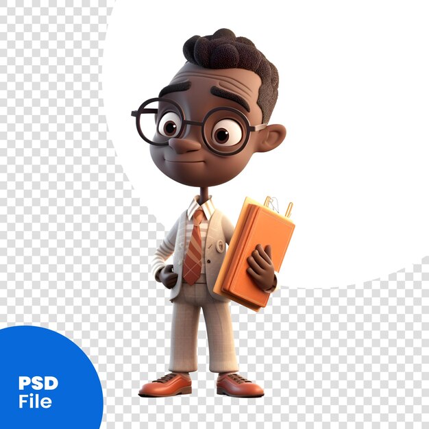 PSD illustration 3d d'un petit homme d'affaires avec un modèle psd pour ordinateur portable