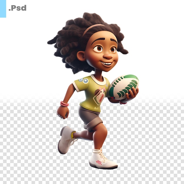 Illustration 3d D'une Petite Fille Afro-américaine Avec Un Modèle Psd De Ballon De Rugby