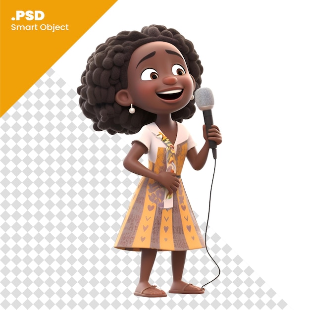 Illustration 3d D'une Petite Fille Afro-américaine Avec Modèle Psd De Microphone