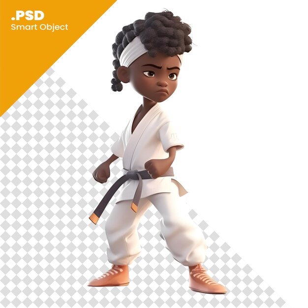 PSD illustration 3d d'une petite fille de karaté avec des cheveux frisés noirs modèle psd