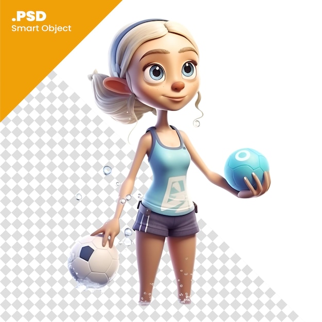 PSD illustration 3d d'une petite fille mignonne avec un fond blanc ballisolé de football modèle psd