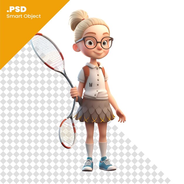 PSD illustration 3d d'une petite fille avec une raquette de tennis isolée sur fond blanc modèle psd