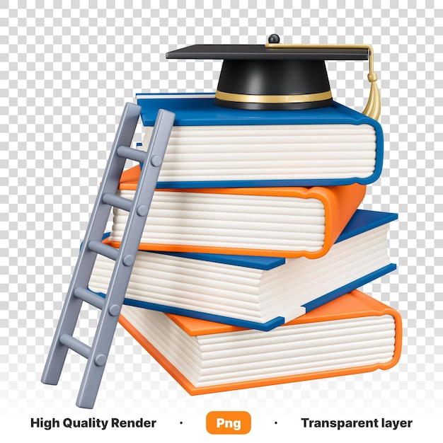 Illustration 3D d'une pile de livres avec un chapeau au-dessus sur un fond transparent