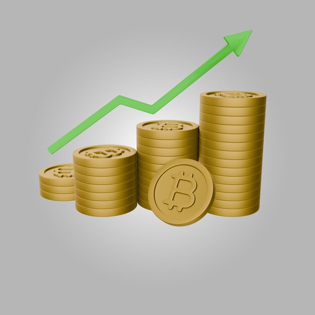 PSD illustration 3d des piles de pièces de bitcoin avec la flèche de croissance