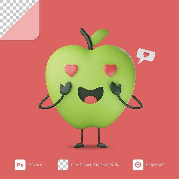 PSD illustration 3d de pomme verte heureuse mignonne