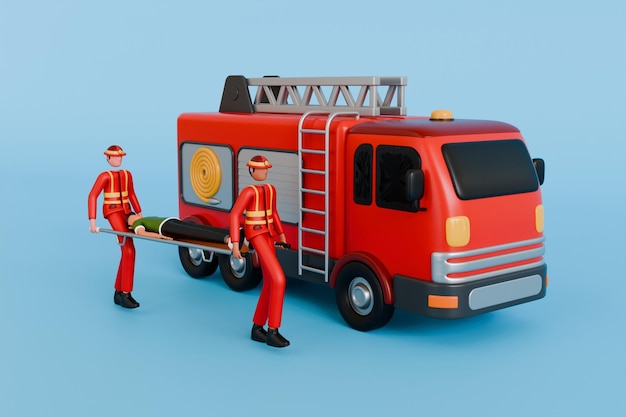 Illustration 3D des pompiers qui sauvent une victime d'un incendie