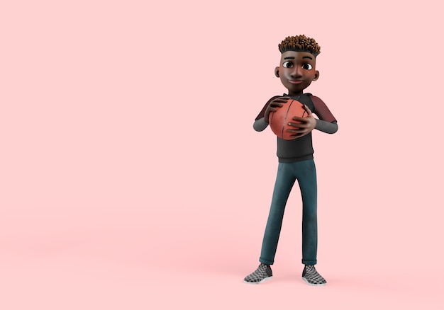 Illustration 3d d'une pose de personnage masculin tenant un ballon de basket