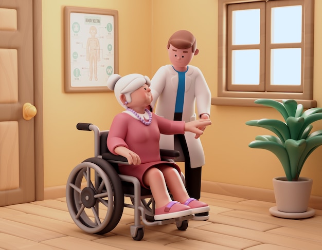 illustration 3d pour maison de retraite avec femme et fauteuil roulant