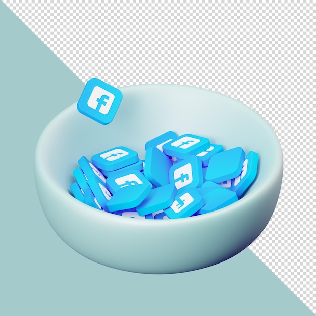 Illustration 3d psd des icônes facebook des médias sociaux dans un bol pour la page de destination ou les médias sociaux