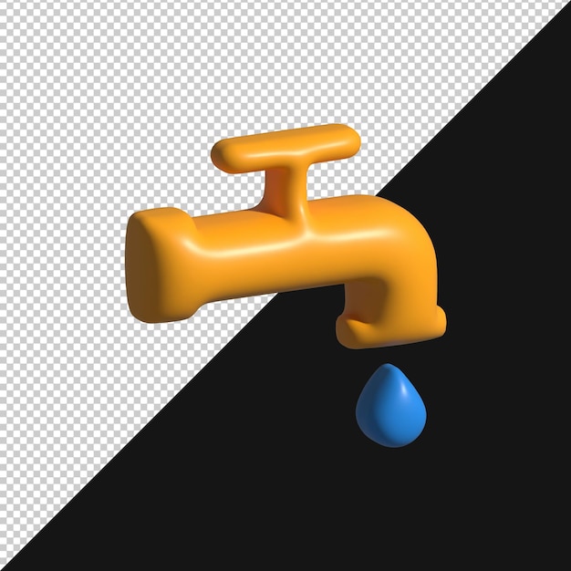 Illustration 3D d'un robinet jaune avec une goutte d'eau bleue