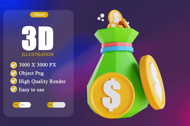 PSD illustration 3d sac d'argent low poly