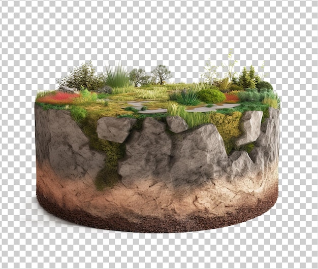 PSD illustration 3d de la section transversale du sol rond avec terre et herbes vertes 3d forêt