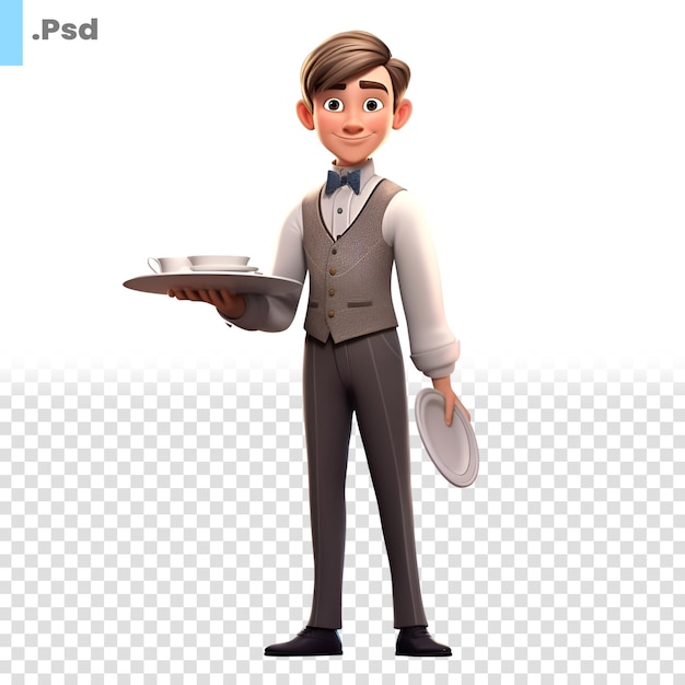 PSD illustration 3d d'un serveur avec un plateau de service isolé modèle psd de fond blanc