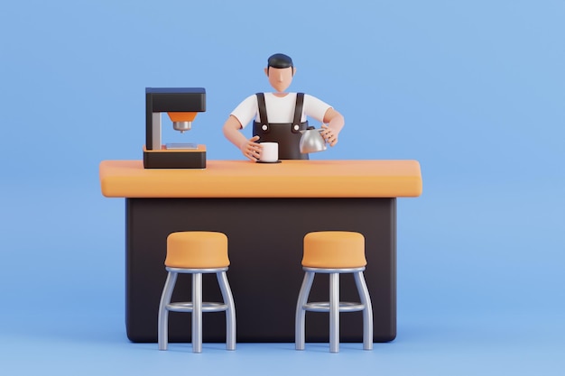 Illustration 3D d'un serveur qui prépare du café