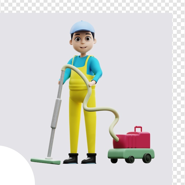 PSD illustration en 3d: le service de nettoyage masculin à l'aspirateur