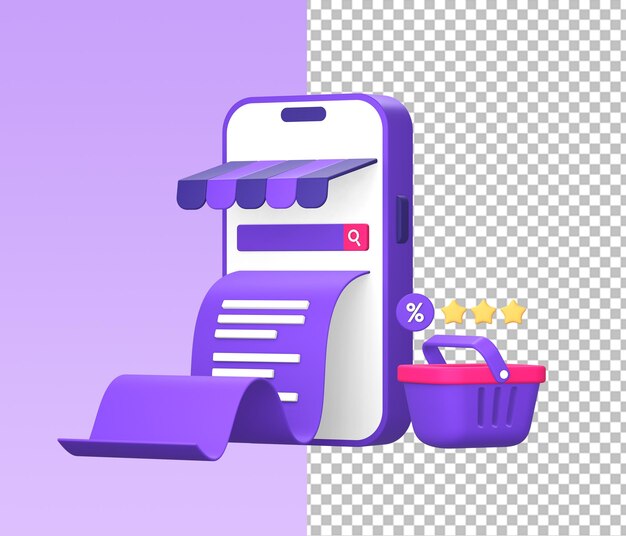 PSD illustration 3d d'un smartphone pour la facture d'un magasin d'achat en ligne avec panier d'achat et étoiles d'évaluation