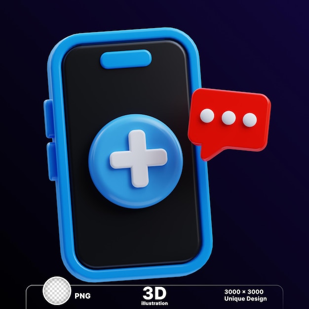 PSD illustration 3d d'un téléphone portable bleu et noir avec un message de signe médical sur un fond transparent