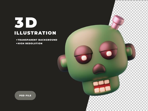 PSD illustration 3d de la tête de zombie halloween