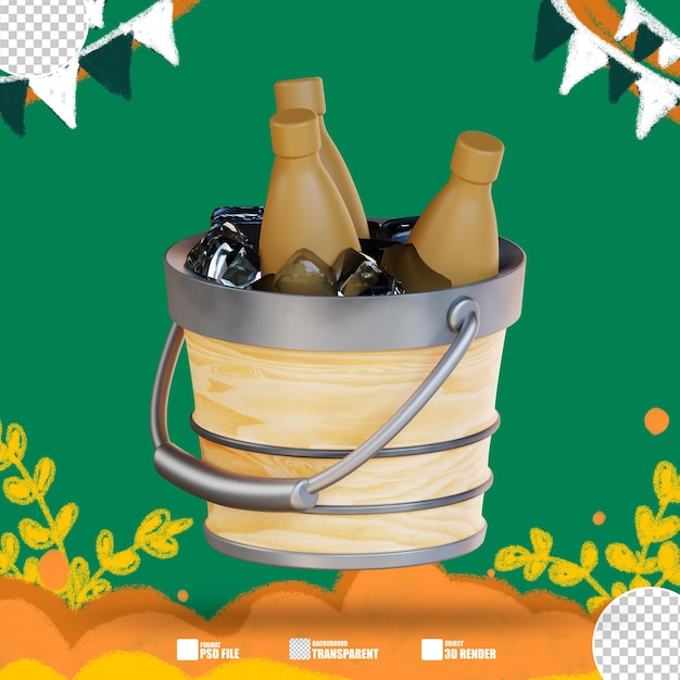 Illustration 3D trois bouteilles de bière dans un seau avec une poignée 3