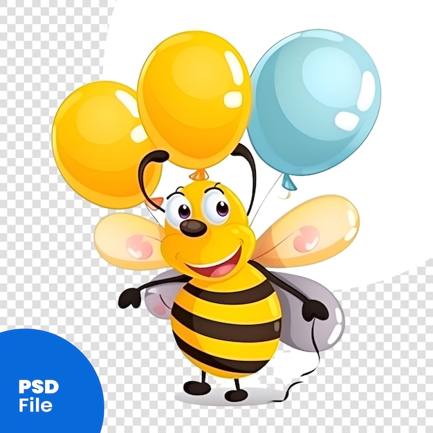 PSD illustration d'une abeille de dessin animé heureuse tenant des ballons sur un modèle psd à fond blanc