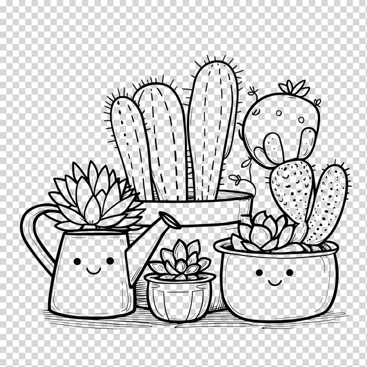 PSD une illustration adorable de cactus et de plantes succulentes dans des pots
