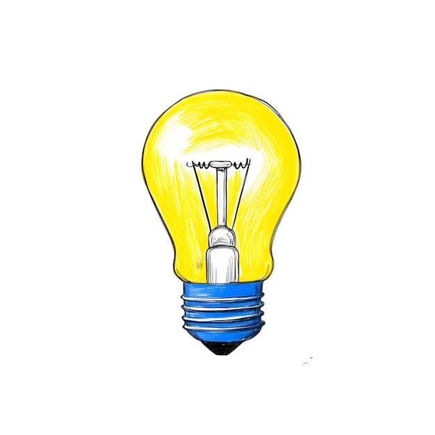 Illustration d'ampoule dessinée à la main en jaune et bleu isolée sur fond blanc Parfait pour C