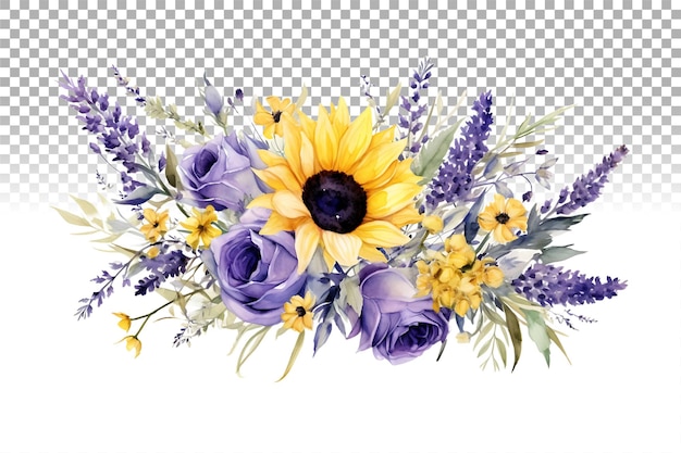 Illustration à L'aquarelle Fleurs De Tournesol Et De Lavande Bouquet Floral Frontière