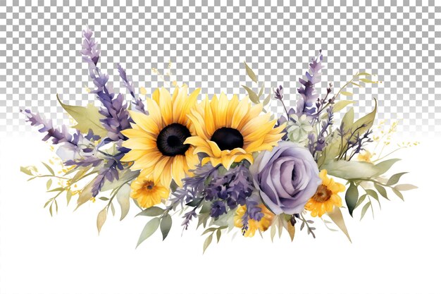 Illustration à L'aquarelle Fleurs De Tournesol Et De Lavande Bouquet Floral Frontière