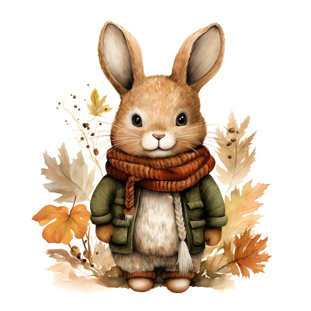 Illustration à l'aquarelle d'un mignon petit lapin dans une veste chaude avec des feuilles d'automne