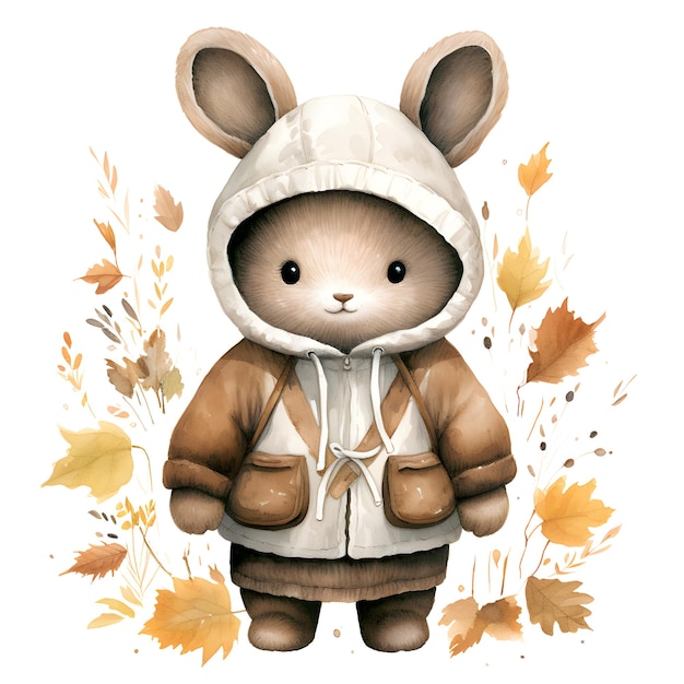 Illustration à l'aquarelle d'un mignon petit lapin dans une veste chaude avec des feuilles d'automne