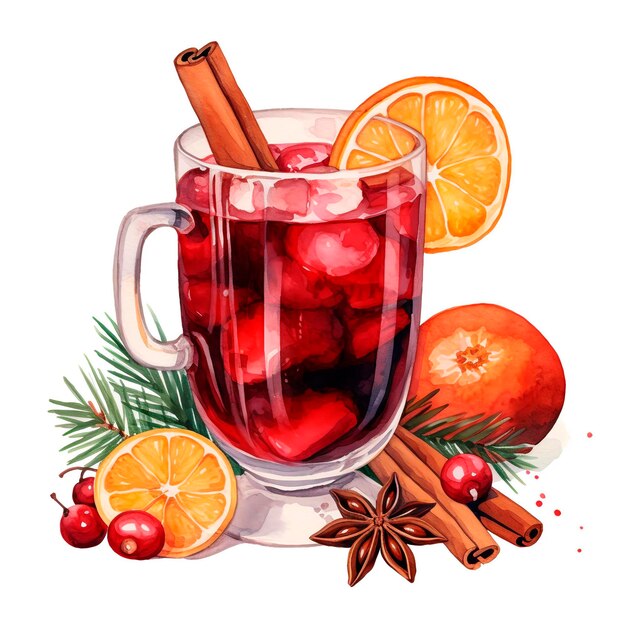 PSD illustration en aquarelle de noël d'un verre de vin chaud